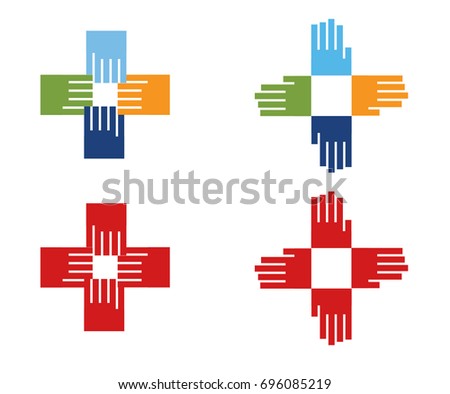cross plus health icon made by a group hands in harmony symbol logo
