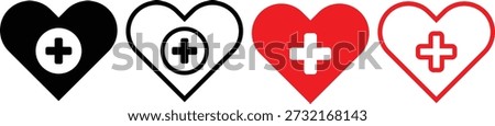 Cross plus heart medical icon set. Medical emergency and clinic signs. Healthcare and pharmacy symbols. Healthcare Professional Icons. Cross plus heart emblem symbol
