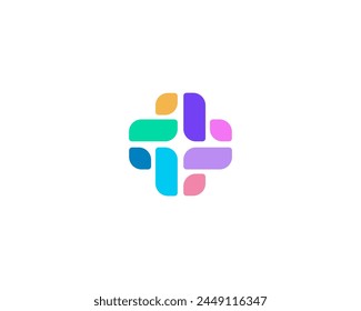 A cross or plus logo from abstract colorful shapes. Universal pharmacy clinic flat logotype. Vector illustration.