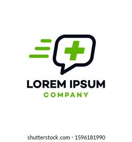 cross plus medic logo with chat or message icon design in trendy linear line style isolated on white background
