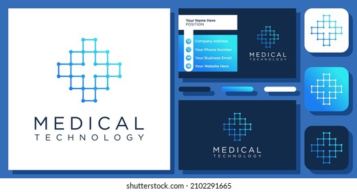 Diseño de logotipo de red digital de conexión cruzada médica con plantilla de tarjeta de visita