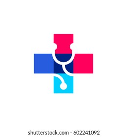 Cross plus with stethoscope medical vector logo mark template or icon