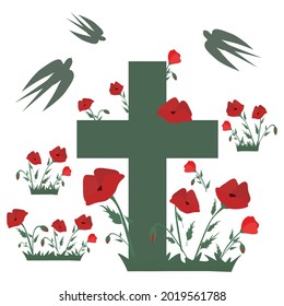 Cross in the poppy field and swallows in silhouette Cemetery headstone with poppies. Vector illustration for Remembrance Day, Anzac Day Isolated on white background