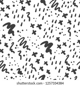 Cross, rain drop and brush mark seamless pattern. Hand drawn monochrome scandinavian style background. Stock vector