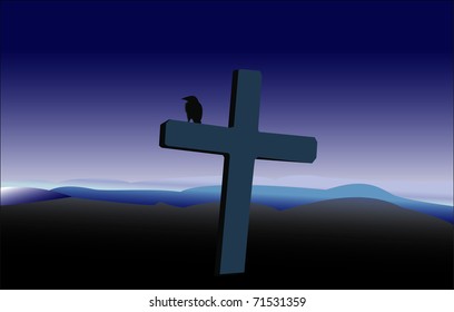 Cross and raven illustration