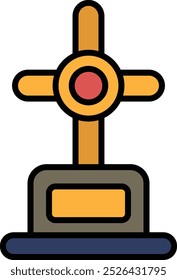 A cross with a red circle in the middle. The cross is yellow and has a stone base