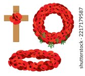 A cross with red flowers, a wreath of red poppies. On Memorial Day, the grave and monument are decorated with a flower wreath. A memorable date of Great Britain and Canada. Remembrance Sunday.