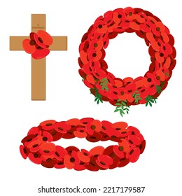 A Cross With Red Flowers, A Wreath Of Red Poppies. On Memorial Day, The Grave And Monument Are Decorated With A Flower Wreath. A Memorable Date Of Great Britain And Canada. Remembrance Sunday.