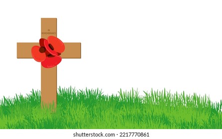 Cross With Red Poppies On A Green Lawn. On Memorial Day, The Grave And Monument Are Decorated With A Flower Wreath. Commemorative Date Of Great Britain And Canada. Poppy Day. Vector Illustration.