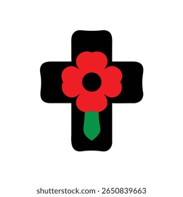 Cross with red poppy flower green stem on Remembrance Day vector