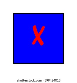 Cross red sign in blue square. Isolated on white background .Vector to right symbol marks. Cross sign picture. Blue sticker vector illustration. Flat vector image. Vector illustration. 