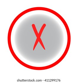 Cross red sign in gray circle. Isolated on white  background. Red  symbol wrong . Negative marks. Reject  picture. Gray sticker . Flat vector image. Vector illustration.