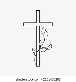 Cross religious Funeral design with branches. Vector illustration