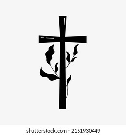 Cross religious Funeral design with branches. Vector illustration 