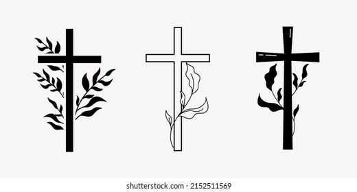 Cross religious Funeral design with branches. Vector illustration 