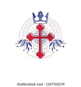 Cross Religious graphic emblem created using monarch crown and floral ornate, catholic crucifixion. Heraldic Coat of Arms, vintage vector logo isolated on white background.