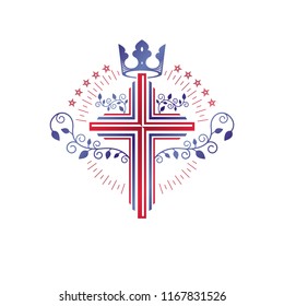 Cross Religious graphic emblem created using monarch crown and floral ornate, catholic crucifixion. Heraldic Coat of Arms, vintage vector logo isolated on white background.