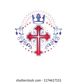 Cross Religious graphic emblem created using imperial crown and floral ornament, Christian crucifixion. Heraldic Coat of Arms, vintage vector logo isolated on white background.