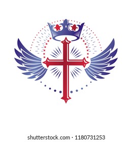 Cross Religious graphic emblem created using imperial crown and angel wings, Christian crucifixion. Heraldic Coat of Arms, vintage vector logo isolated on white background.