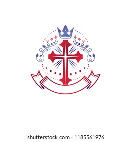 Cross Religious graphic emblem created using imperial crown and floral ornament, Christian crucifixion. Heraldic Coat of Arms, vintage vector logo decorated with beautiful ribbon.