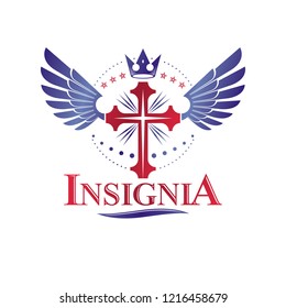 Cross Religious graphic emblem created using imperial crown and angel wings, Christian crucifixion. Heraldic Coat of Arms, vintage vector logo isolated on white background.