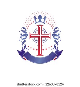Cross Religious graphic emblem created using imperial crown and floral ornament, Christian crucifixion. Heraldic Coat of Arms, vintage vector logo decorated with beautiful ribbon.