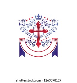 Cross Religious graphic emblem created using imperial crown and floral ornament, Christian crucifixion. Heraldic Coat of Arms, vintage vector logo decorated with beautiful ribbon.