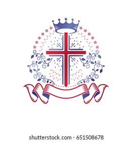 Cross Religious graphic emblem created using imperial crown and floral ornament, Christian crucifixion. Heraldic Coat of Arms, vintage vector logo decorated with beautiful ribbon.