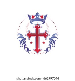 Cross Religious graphic emblem created using imperial crown and floral ornament, Christian crucifixion. Heraldic Coat of Arms, vintage vector logo isolated on white background.