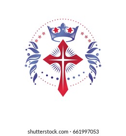 Cross Religious graphic emblem created using imperial crown and floral ornament, Christian crucifixion. Heraldic Coat of Arms, vintage vector logo isolated on white background.