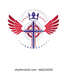 Cross Religious graphic emblem created using imperial crown and angel wings, Christian crucifixion. Heraldic Coat of Arms, vintage vector logo isolated on white background.