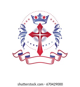 Cross Religious graphic emblem created using imperial crown and floral ornament, Christian crucifixion. Heraldic Coat of Arms, vintage vector logo decorated with beautiful ribbon.