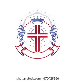 Cross Religious graphic emblem created using imperial crown and floral ornament, Christian crucifixion. Heraldic Coat of Arms, vintage vector logo decorated with beautiful ribbon.