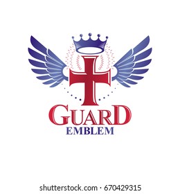 Cross Religious graphic emblem created using imperial crown and angel wings, Christian crucifixion. Heraldic Coat of Arms, vintage vector logo isolated on white background.