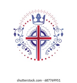 Cross Religious graphic emblem created using imperial crown and floral ornament, Christian crucifixion. Heraldic Coat of Arms, vintage vector logo isolated on white background.