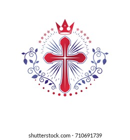 Cross Religious graphic emblem created using monarch crown and floral ornate, catholic crucifixion. Heraldic Coat of Arms, vintage vector logo isolated on white background.