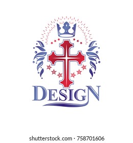 Cross Religious graphic emblem created using imperial crown and floral ornament, Christian crucifixion. Heraldic Coat of Arms, vintage vector logo decorated with beautiful ribbon.