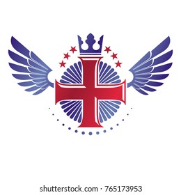 Cross Religious graphic emblem created using imperial crown and angel wings, Christian crucifixion. Heraldic Coat of Arms, vintage vector logo isolated on white background.