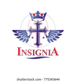 Cross Religious graphic emblem created using imperial crown and angel wings, Christian crucifixion. Heraldic Coat of Arms, vintage vector logo isolated on white background.