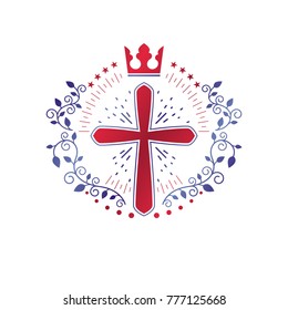 Cross Religious graphic emblem created using monarch crown and floral ornate, catholic crucifixion. Heraldic Coat of Arms, vintage vector logo isolated on white background.