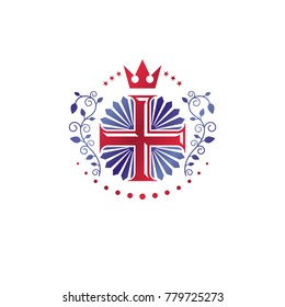 Cross Religious graphic emblem created using monarch crown and floral ornate, catholic crucifixion. Heraldic Coat of Arms, vintage vector logo isolated on white background.