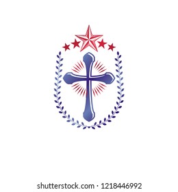 Cross Religious vintage emblem created using pentagonal star and floral ornament, Christian crucifixion. Heraldic Coat of Arms, Glory of God vector logo. 