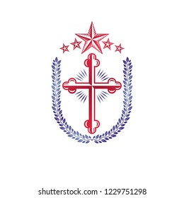 Cross Religious vintage emblem created using pentagonal star and floral ornament, Christian crucifixion. Heraldic Coat of Arms, Glory of God vector logo. 