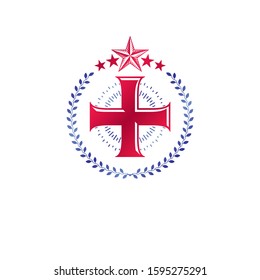 Cross Religious vintage emblem created using pentagonal star and floral ornament, Christian crucifixion. Heraldic Coat of Arms, Glory of God vector logo. 