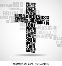 Cross of religious words. Christian Symbol. Vector