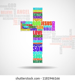 Cross of religious words. Christian Symbol. Vector