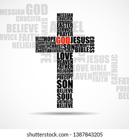 Cross of religious words. Christian Symbol. Vector