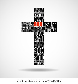 Cross of religious words. Christian Symbol. Vector