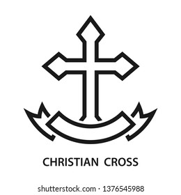 Cross with a ribbon label. Stroke outline style. Vector. Isolate on white background.