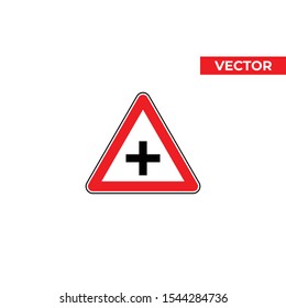 Cross road intersection sign on white background. Vector red triangle road sign, traffic sign.